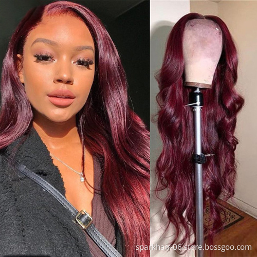 Peruvian Straight Hair 13x4 Lace Front Wig Human Hair Wigs 99J Red Burgundy Pre-Plucked 180% Remy Human Hair Deep Part Wigs